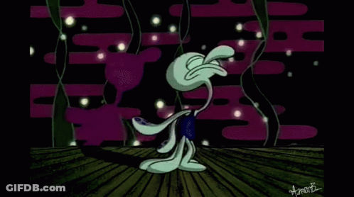 Cartoon Character Standing On Wooden Floor In Dark Room With Purple Flowers GIF