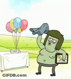 Cartoon Character Standing With Balloons And Thank Sign GIF