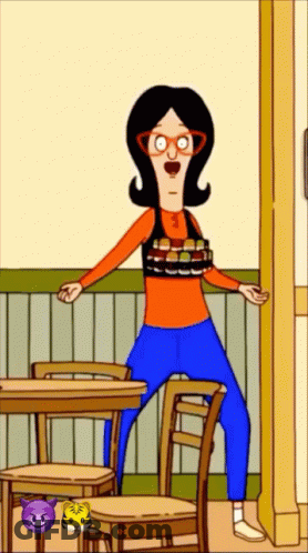 Cartoon Character Standing With Emojis By Table And Chairs GIF