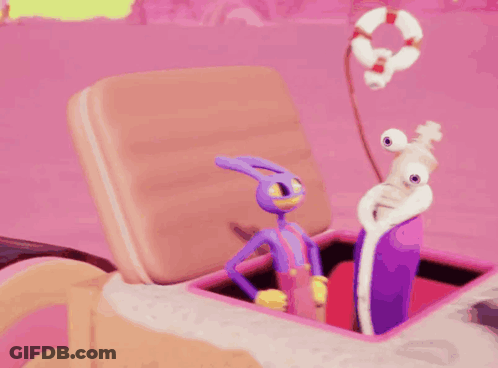 Cartoon Character Sunglasses Jester Hat Next To Wagon GIF