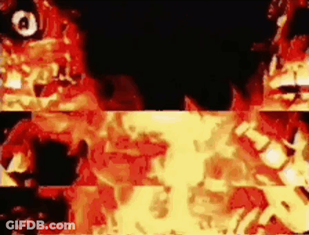 Cartoon Character Surrounded By Flames And Smoke In Dark Room GIF