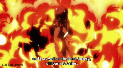 Cartoon Character Surrounded By Flames Saying And I As Well As The Soul Society Will Burn To Ashes GIF