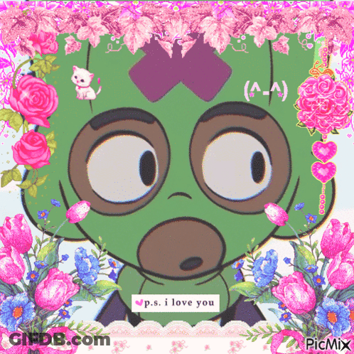 Cartoon Character Surrounded By Flowers P.S. I Love You GIF
