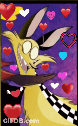 Cartoon Character Surrounded By Hearts With Checkered Scarf GIF