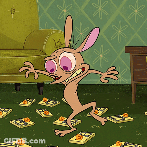 Cartoon Character Surrounded By Mouse Traps And Chair GIF
