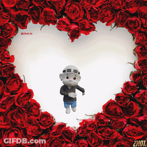 Cartoon Character Surrounded By Red Roses In Heart Shape GIF