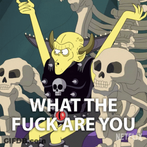 Cartoon Character Surrounded By Skeletons What The Fuck Are You GIF