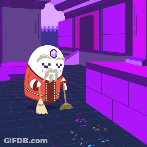 Cartoon Character Sweeping Floor With Broom On Purple GIF