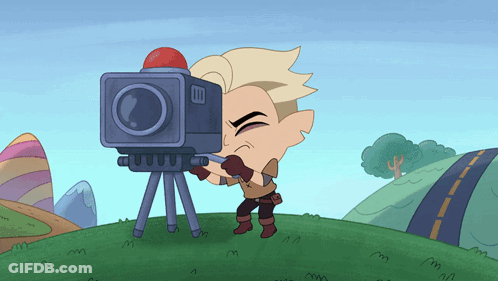 Cartoon Character Taking Picture With Camera On Tripod Letters II GIF