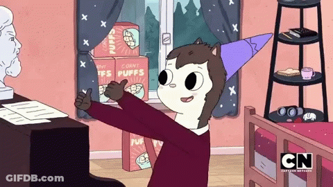 Cartoon Character Thumbs Up Next To Corn Puff Boxes GIF