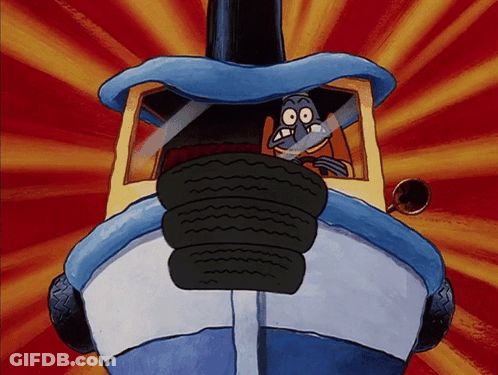 Cartoon Character Tied To Boat With Stack Of Tires GIF