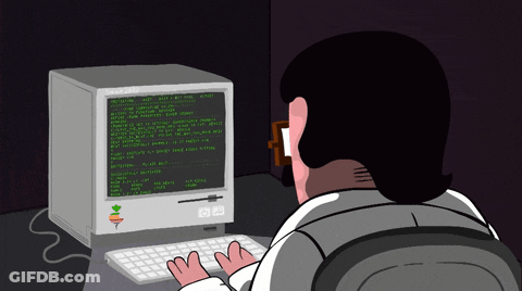 Cartoon Character Typing At Computer With Document On Screen GIF