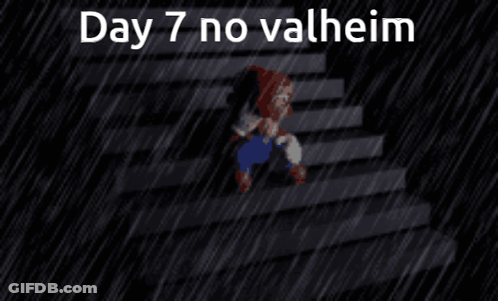 Cartoon Character Walking Down Stairs In Rain Day 7 No Valheim GIF