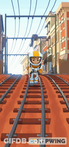 Cartoon Character Walking Down Train Tracks With Kapwing GIF