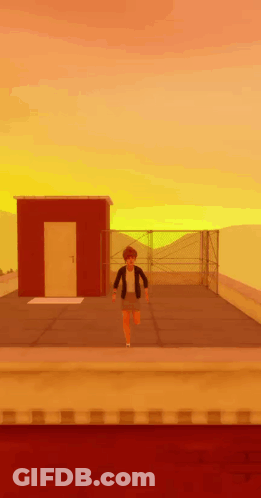 Cartoon Character Walking On Rooftop At Sunset GIF