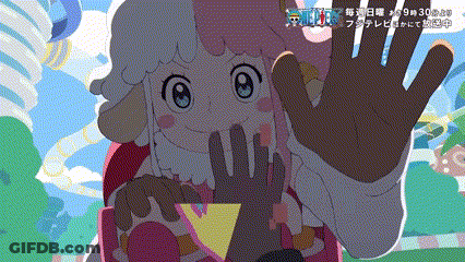 Cartoon Character Waving In Front Of One Piece Sign GIF