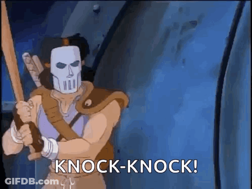 Cartoon Character Wearing Mask Holding Sword Saying Knock-Knock GIF