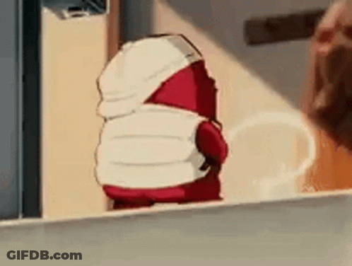 Cartoon Character Wearing Mask In Front Of Door GIF