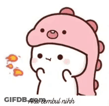 Cartoon Character Wearing Pink Dinosaur Hat Holding Fireball GIF