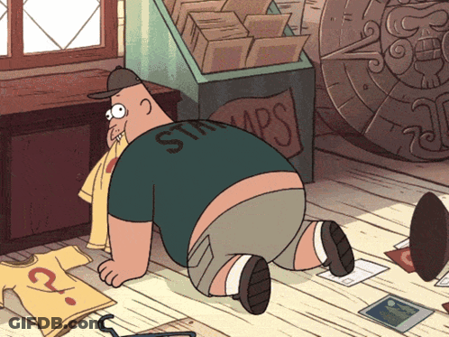 Cartoon Character Wearing Stamps Shirt GIF