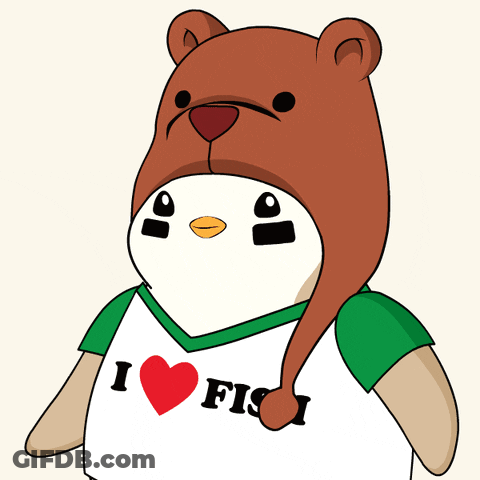 Cartoon Character Wearing Teddy Bear Hat And I Love Fich Shirt GIF