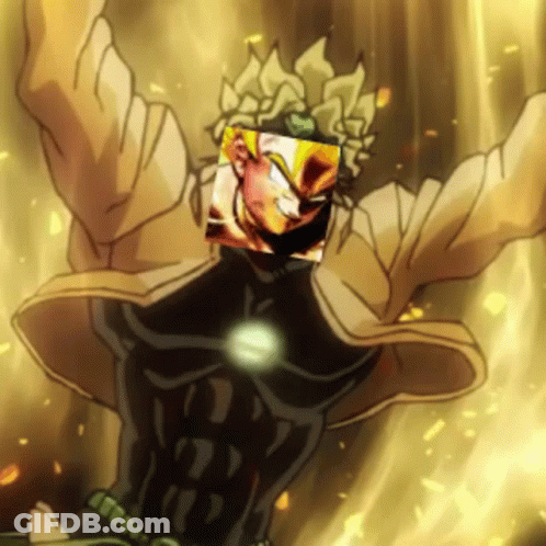 Cartoon Character With Arms Outstretched And Dio On Chest GIF