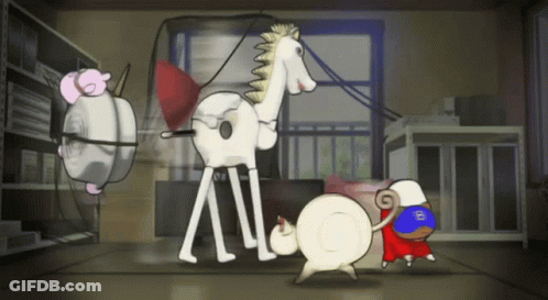 Cartoon Character With B Mask Next To White Horse GIF