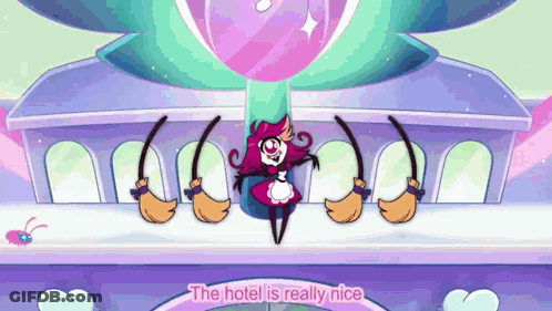 Cartoon Character With Balloon And Brooms Near Building GIF