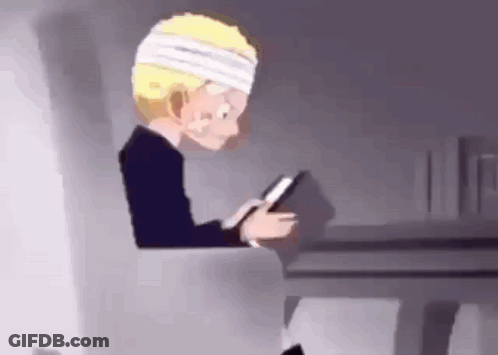Cartoon Character With Bandage On Head Looking At Phone GIF