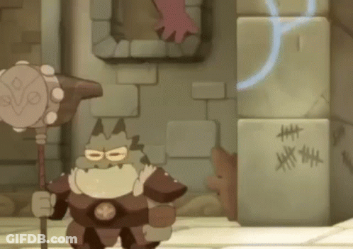 Cartoon Character With Beard And Hammer Standing Before Stone Wall GIF