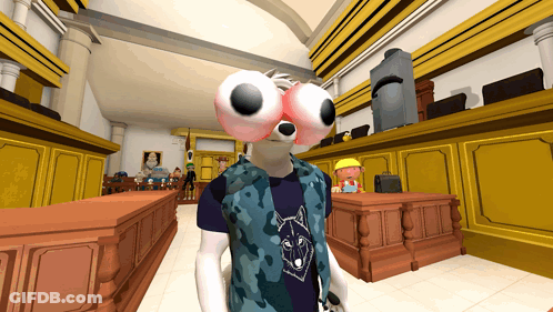 Cartoon Character With Big Eyes In Courtroom GIF