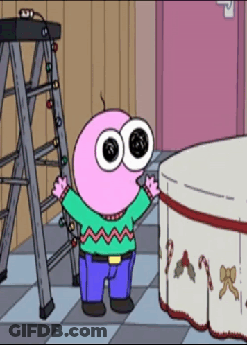 Cartoon Character With Big Eyes Next To Ladder GIF