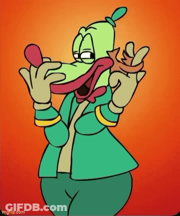 Cartoon Character With Big Mouth Holding Red Object GIF