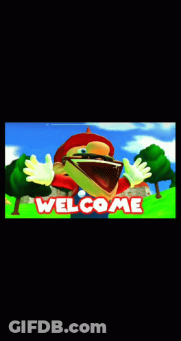 Cartoon Character With Big Mouth In Front Of Welcome Sign GIF