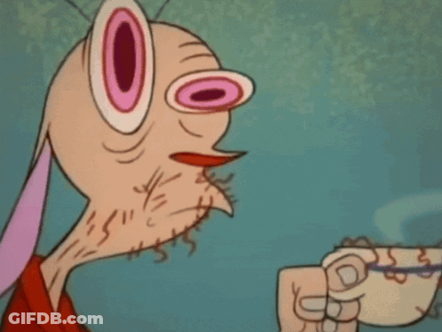 Cartoon Character With Big Pink Eyes Smiling And Pointing GIF