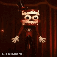 Cartoon Character With Big Teeth And Top Hat In Front Of Red Curtain Saying Shut Up GIF