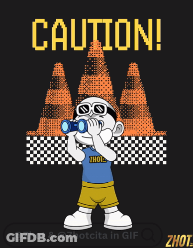Cartoon Character With Binoculars And Caution GIF