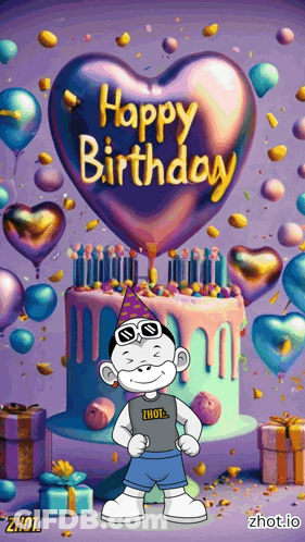 Cartoon Character With Birthday Cake And Heart Balloon Saying Happy Birthday GIF