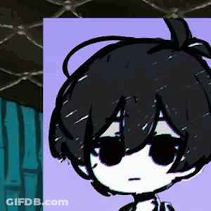 Cartoon Character With Black Hair And Sunglasses Next To Blue Curtain GIF