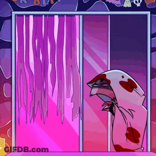 Cartoon Character With Blood In Front Of Pink Curtain GIF