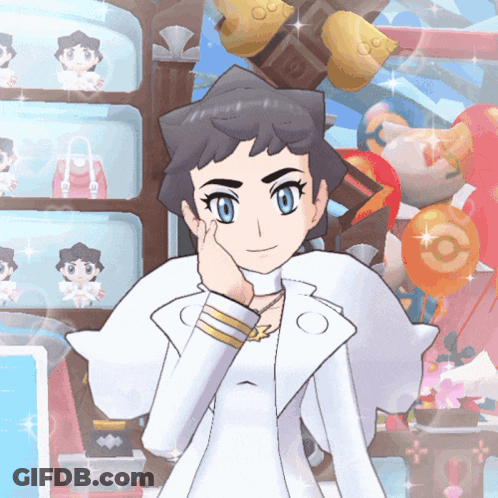 Cartoon Character With Blue Eyes And White Coat In Front Of Toys GIF