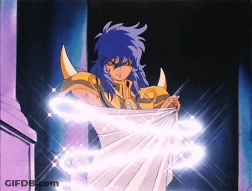 Cartoon Character With Blue Hair And Gold Armor Holding White Cloth GIF