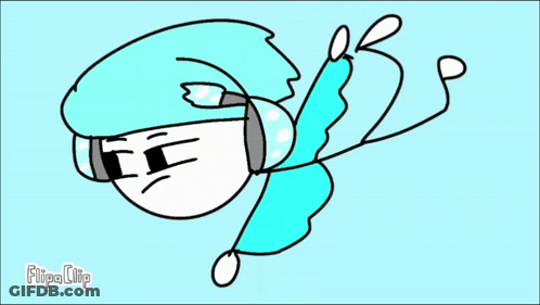Cartoon Character With Blue Hair And Headphones Flying GIF