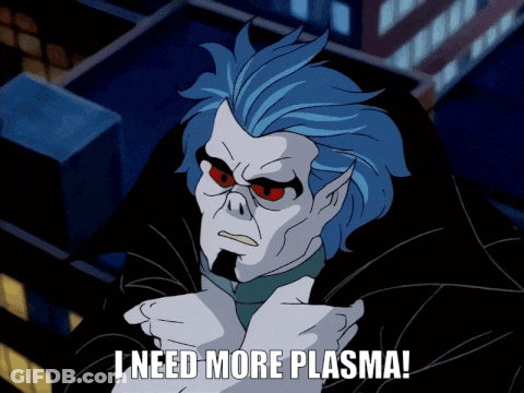 Cartoon Character With Blue Hair And Red Eyes Says I Need More Plasma GIF