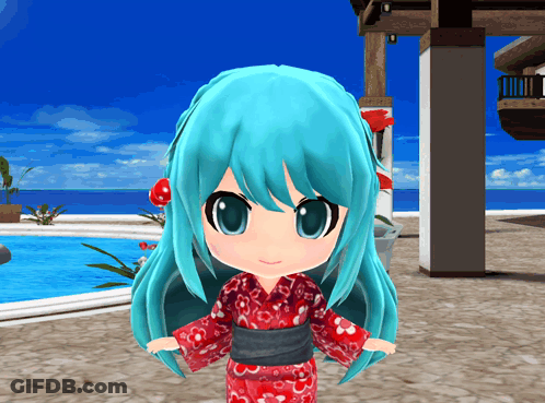Cartoon Character With Blue Hair And Red Kimono GIF