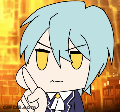 Cartoon Character With Blue Hair And Yellow Eyes Pointing GIF