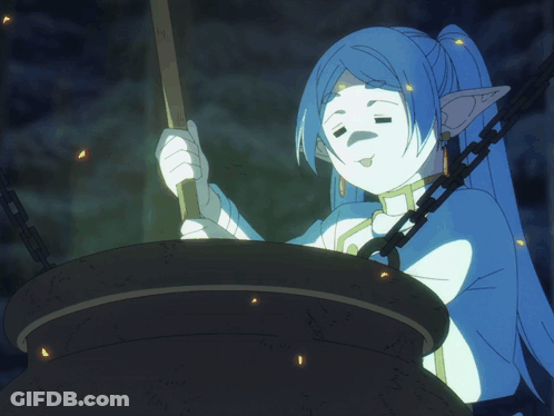 Cartoon Character With Blue Hair Cooking In Cauldron GIF