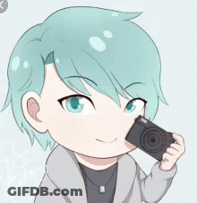 Cartoon Character With Blue Hair Holding Camera GIF