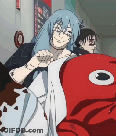 Cartoon Character With Blue Hair Holding Red Octopus GIF