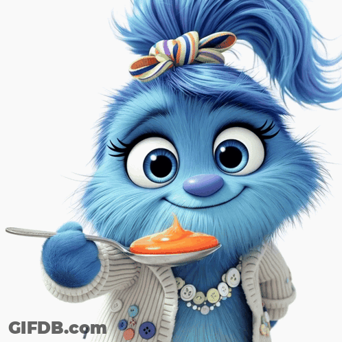 Cartoon Character With Blue Hair Holding Spoon Of Food GIF